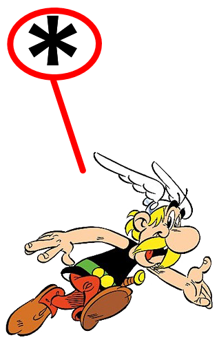 white background, an asterisk in the top left of the image, circled in red. a line is pointing towards cartoon character asterix