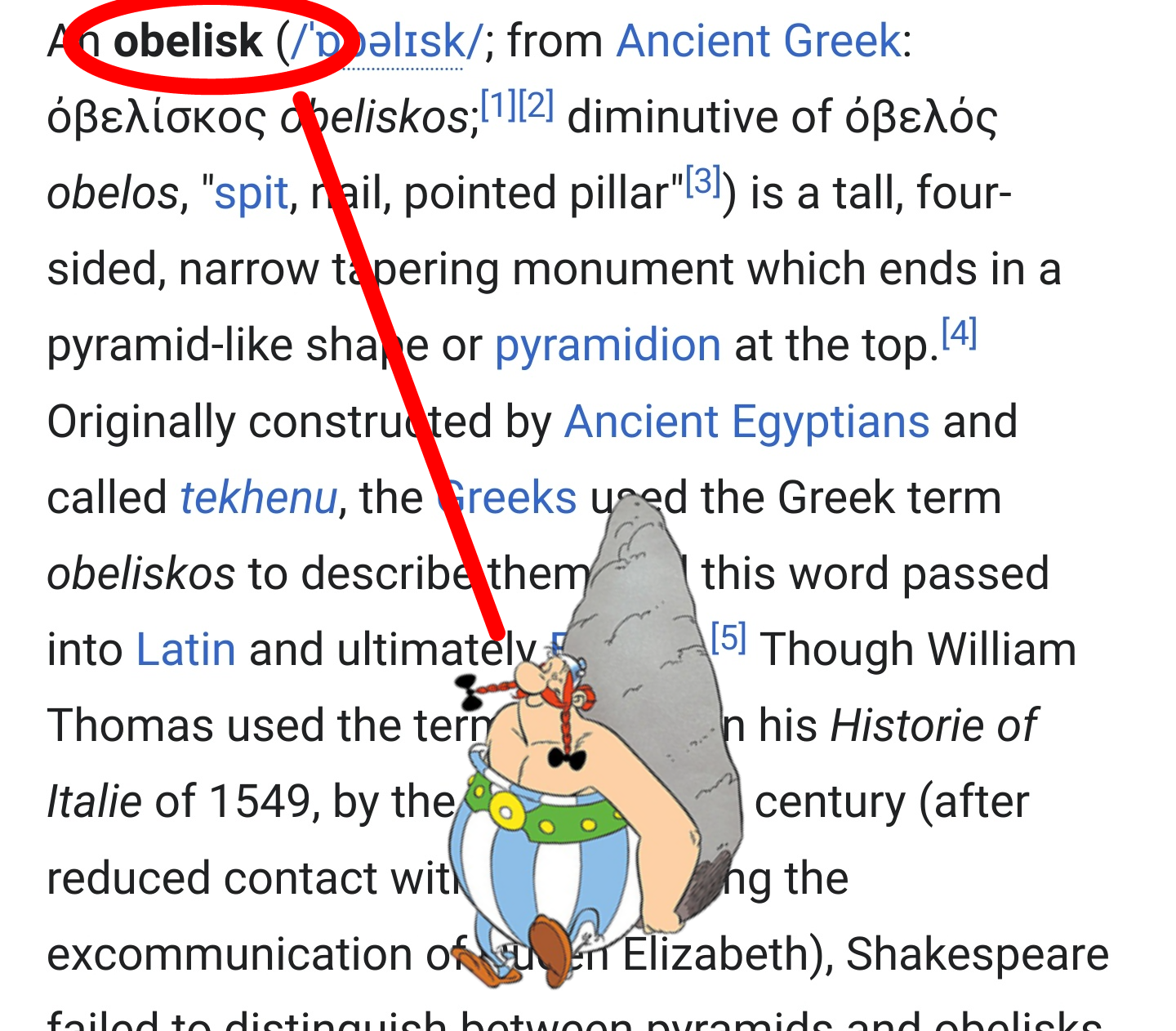 wiki article of obelisk. the word "obelisk" is circled, and there is a line pointing to an image of the cartoon character obelix from the asterix franchise